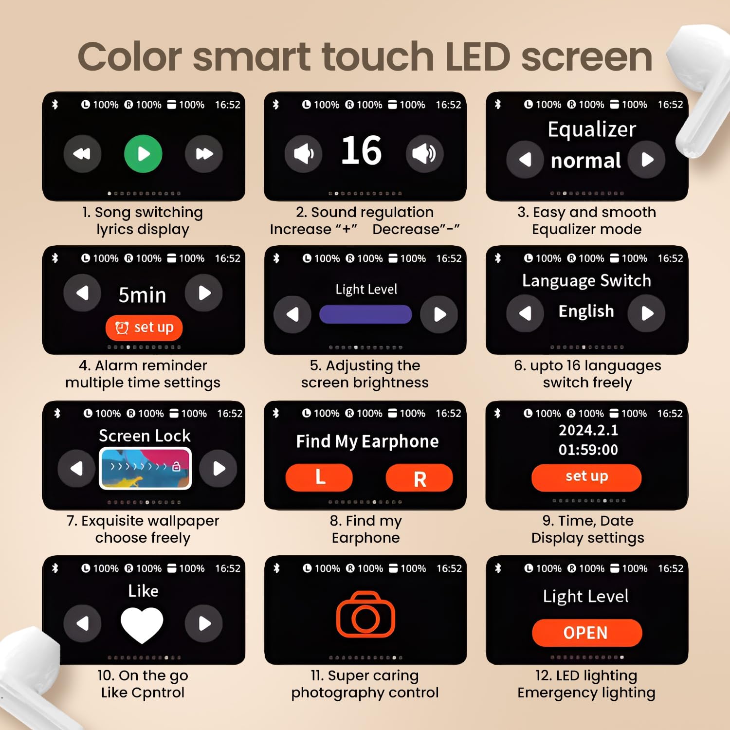 Display Earbuds, Touch Screen  Bluetooth 5.4 Ear Buds with Multifunctional 36H Bass Stereo Headphones, ANC/ENC Noise Cancelling